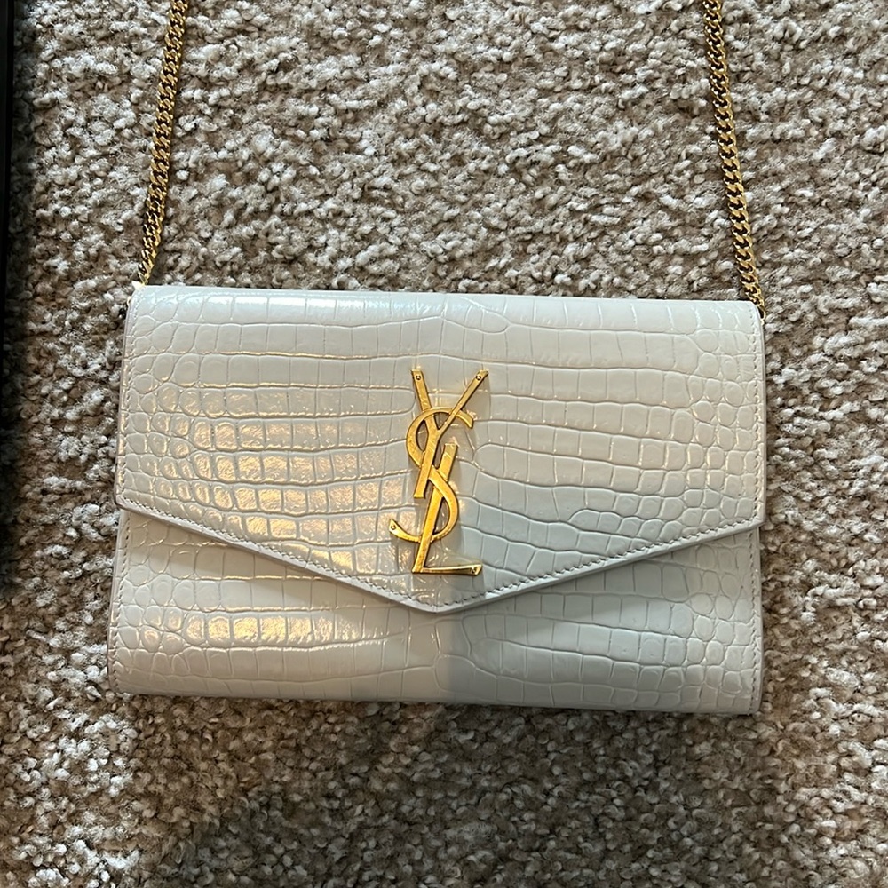 Authentic YSL Uptown chain wallet in crocodile embossed shiny leather